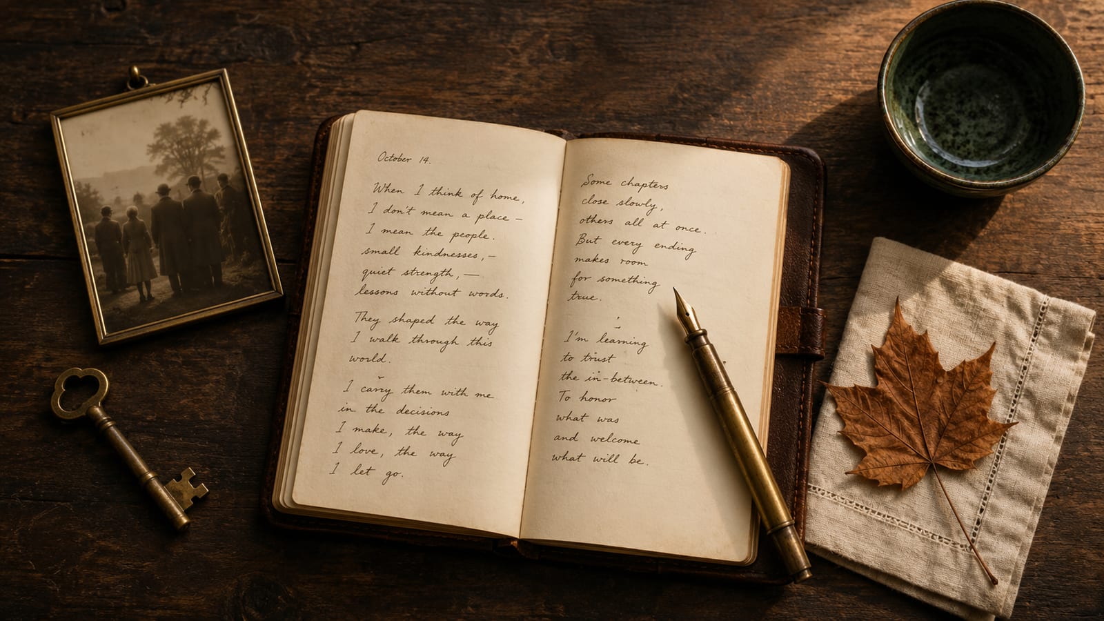 Cuaderno manuscrito con poema, fotografía sepia familiar, llave de bronce vintage, hoja de arce y taza verde profundo sobre mesa de madera oscura — Derecho de Familia