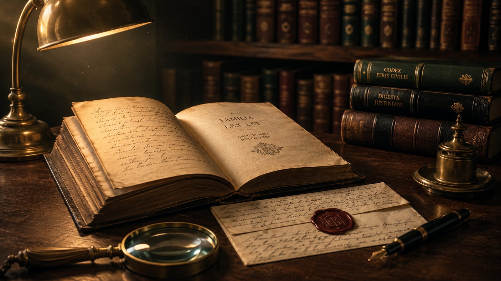 Escritorio antiguo con libros de derecho romano (Codex Iuris Civilis, Digesta Iustiniani), libro manuscrito abierto, carta lacrada y lupa bajo luz dorada de lámpara de bronce — Derecho Sucesorio