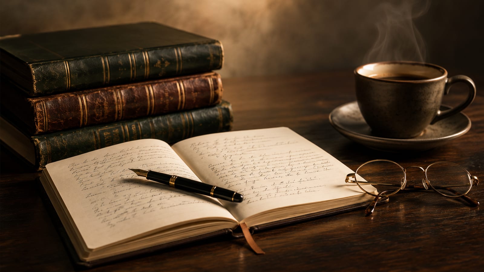 Cuaderno de cuero abierto con anotaciones manuscritas, lapicera estilográfica, anteojos y tomos de derecho junto a una taza de café bajo luz cálida — espacio de trabajo jurídico