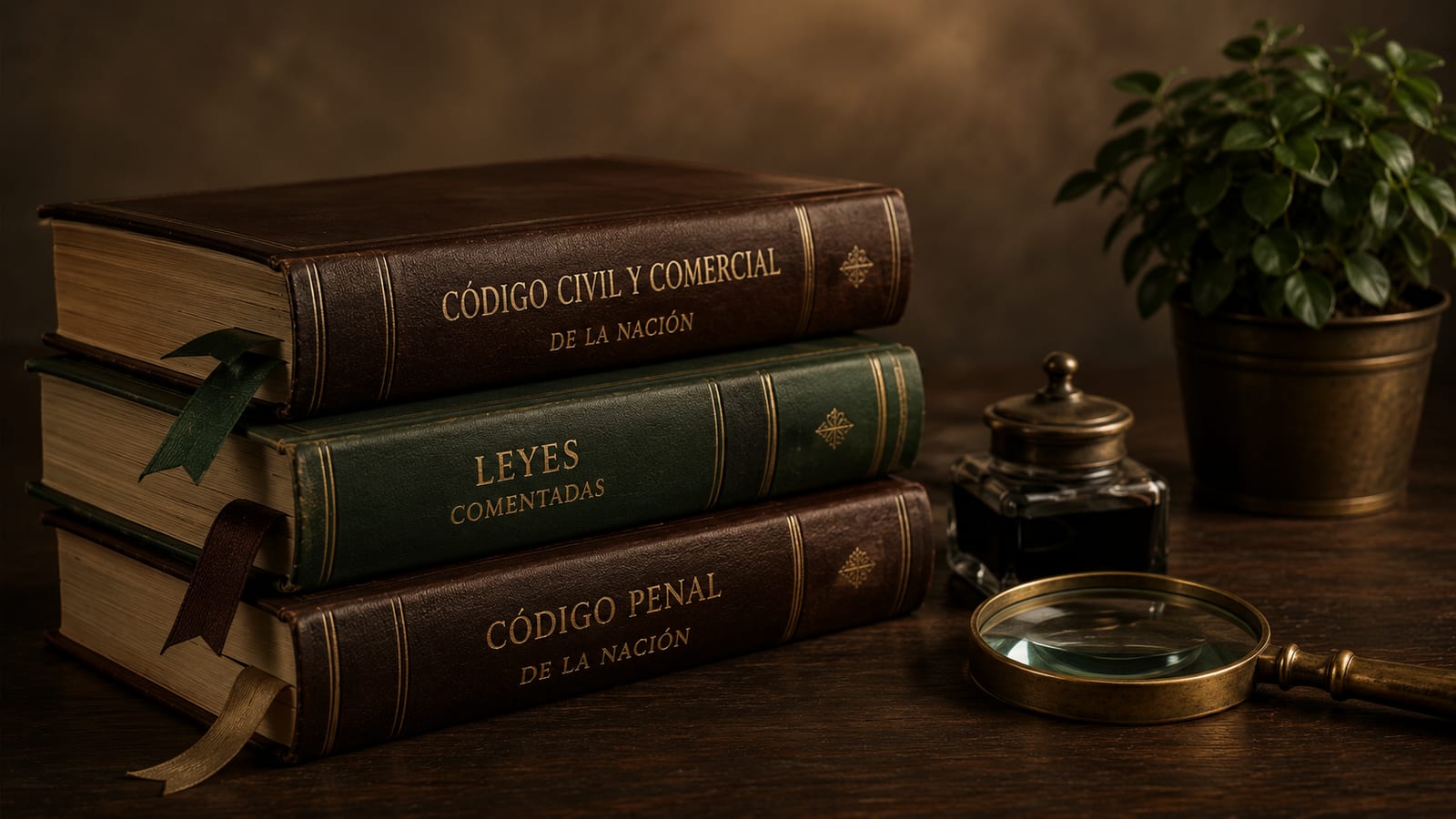 Código Civil y Comercial, Leyes Comentadas y Código Penal de la Nación apilados junto a una lupa y un tintero — el oficio jurídico