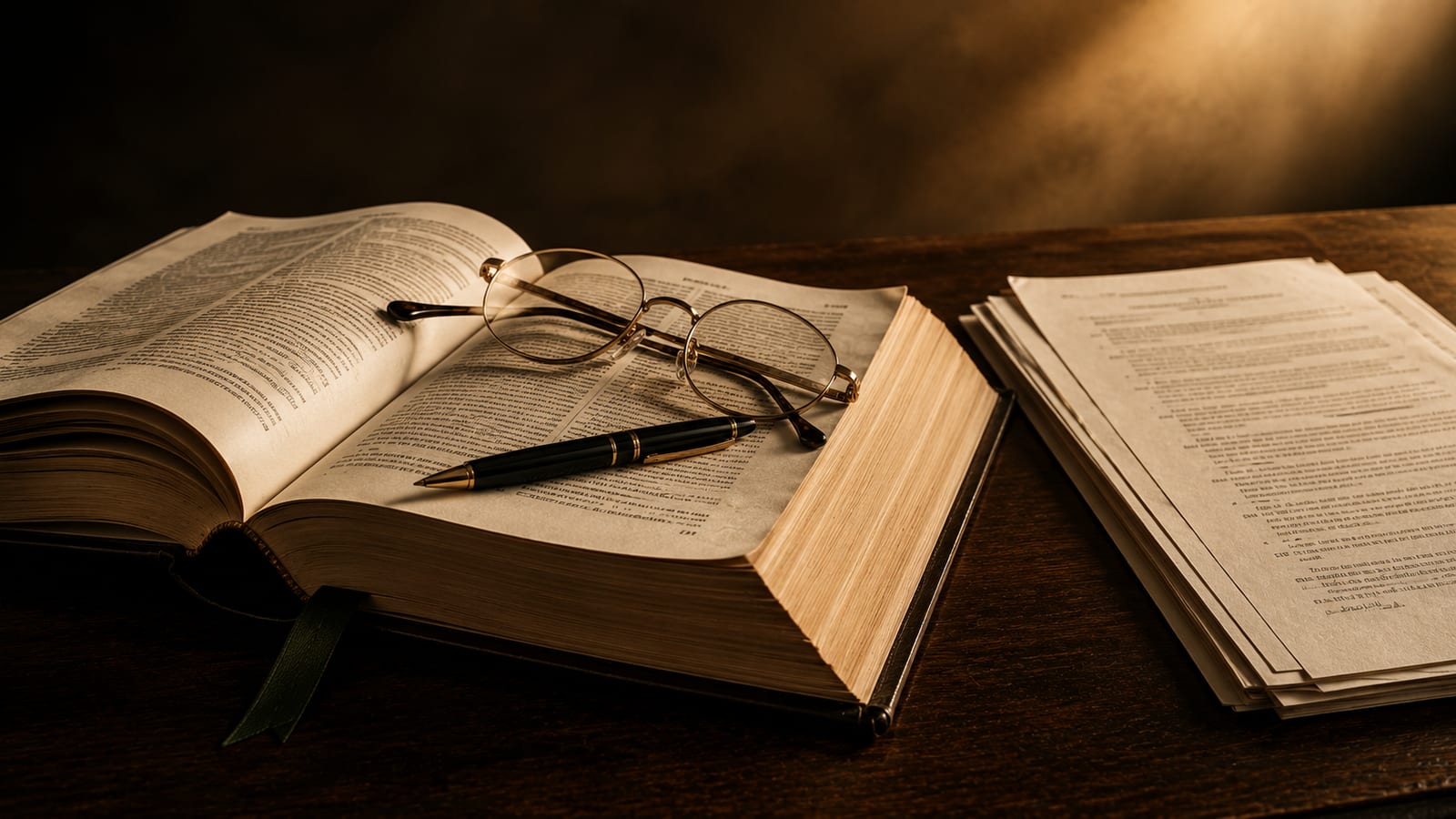 Libro de leyes abierto con anteojos, lapicera y documentos impresos bajo luz dorada — el oficio del texto jurídico